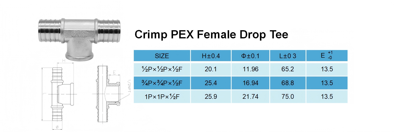 PEX Crimp Tee Female Drop
